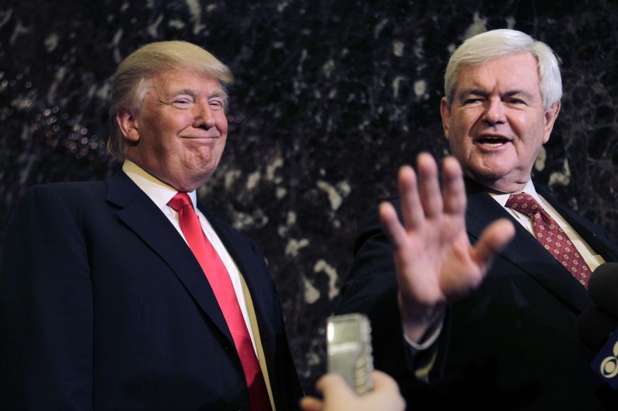 ** FILE ** Real estate mogul Donald Trump (left) smiles as Republican presidential candidate Newt Gingrich talks to the media after the two met in New York on Monday, Dec. 5, 2011. (AP Photo/Seth Wenig, File)