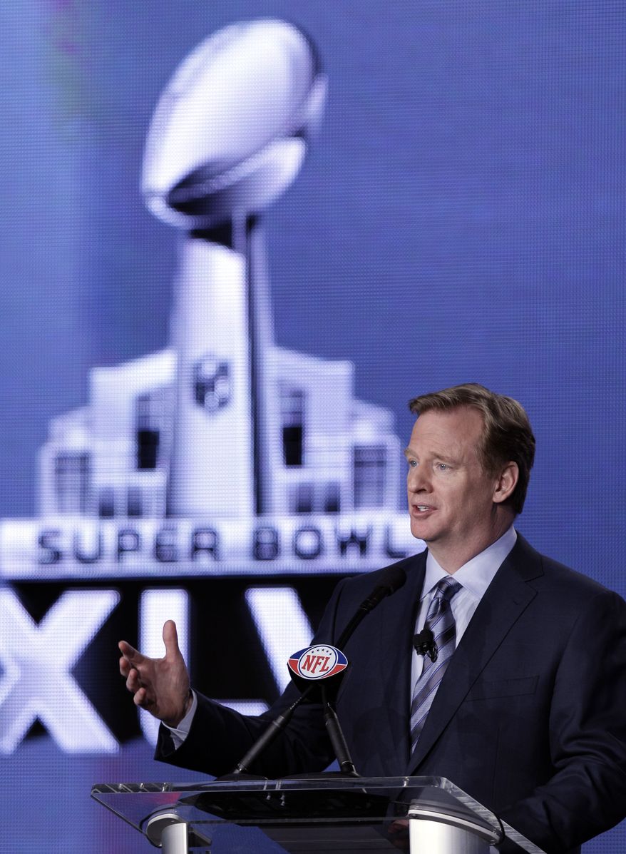 NFL Commissioner Roger Goodell answers a question during a news conference Friday, Feb. 3, 2012, in Indianapolis. The New England Patriots will face the New York Giants in Super Bowl XLVI on Feb. 5. (AP Photo/David J. Phillip)