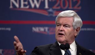 ** FILE ** Republican presidential candidate Newt Gingrich speaks during a news conference on Saturday, Feb. 4, 2012, in Las Vegas. (AP Photo/Evan Vucci)