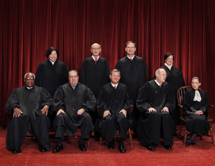 Sitting on the U.S. Supreme Court are (clockwise from upper left) Associate Justices Sonia Sotomayor, Stephen G. Breyer, Samuel A. Alito Jr., Elena Kagan, Ruth Bader Ginsburg and Anthony M. Kennedy; Chief Justice John G. Roberts Jr.; and Associate Justices Antonin Scalia and Clarence Thomas. (AP Photo/Pablo Martinez Monsivais)