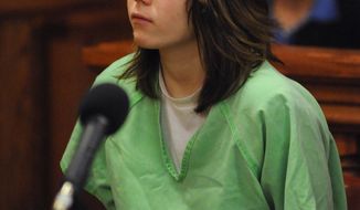 ** FILE ** Alyssa Bustamante, then 15, listens during a brief hearing at which her attorney entered not-guilty pleas on her behalf to charges of armed criminal action and first-degree murder in Cole County Circuit Court in Jefferson City, Mo., on Dec. 8, 2009. (AP Photo/Kelley McCall, Pool, File)