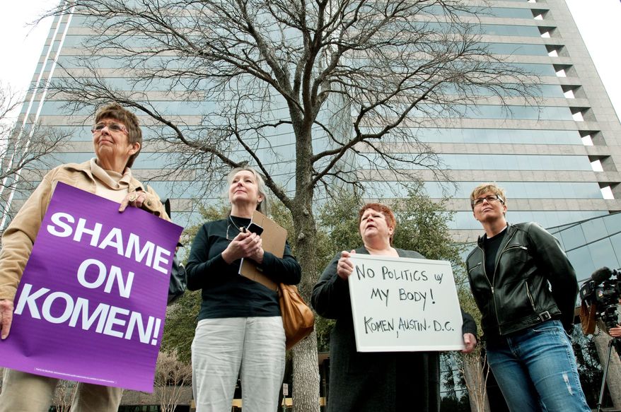 Protesters (from left) Jeanne Owers, Pat Hale, Kris Martin and Dawn Miefert stand outside the Susan G. Komen for the Cure headquarters in Dallas. Komen executive Karen Handel (below) resigned Tuesday. (Associated Press)