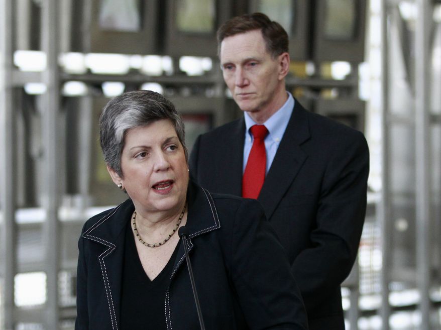 Homeland Security Secretary Janet Napolitano, accompanied by Transportation Security Administration chief John Pistole, announces the expansion of a passenger pre-screening initiative on Feb. 8, 2012, at Washington&#39;s Ronald Reagan National Airport. (Associated Press)