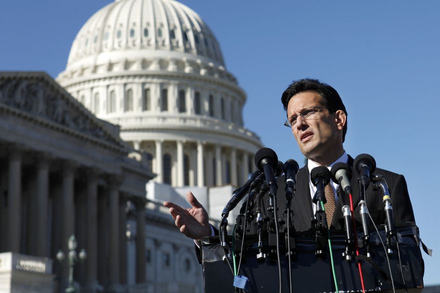 ** FILE ** House Majority Leader Eric Cantor, Virginia Republican, discusses the Stop Trading on Congressional Knowledge (STOCK) Act during a news conference on Capitol Hill in Washington on Tuesday, Jan. 31, 2012. (AP Photo/Jacquelyn Martin, File)