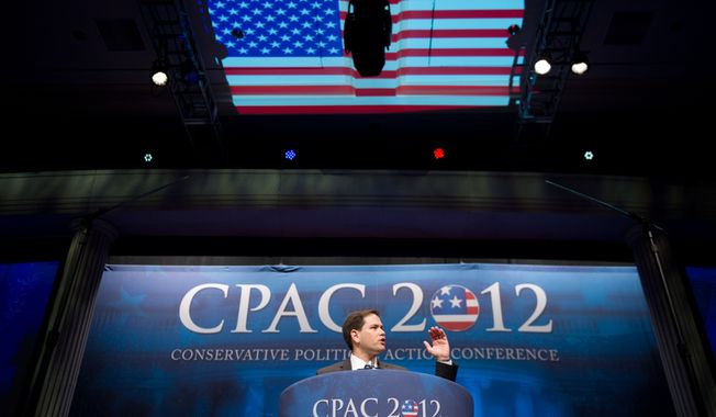 Sen. Marco Rubio, Florida Republican, speaks Feb. 9, 2012, at the Conservative Political Action Conference (CPAC) in D.C. The annual political conference draws thousands of supporters and prominent conservative figures. (Andrew Harnik/The Washington Times)