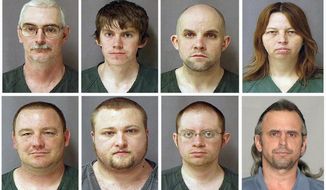 From top left, David Brian Stone Sr., 44, of Clayton, Mich.; David Brian Stone Jr. of Adrian, Mich.; Jacob Ward, 33, of Huron, Ohio; Tina Mae Stone; and bottom row from left, Michael David Meeks, 40, of Manchester, Mich.; Kristopher T. Sickles, 27, of Sandusky, Ohio; Joshua John Clough, 28, of Blissfield, Mich.; and Thomas William Piatek, 46, of Whiting, Ind., are suspects tied to Hutaree, a Christian militia. The trial is expected to last weeks. It involves seven of the nine people charged with belonging to Hutaree. The government says they conspired to try to kill a police officer and plotted further strikes. No one was ever attacked, and the defendants say they&#39;re being prosecuted for saying stupid things. (Associated Press)