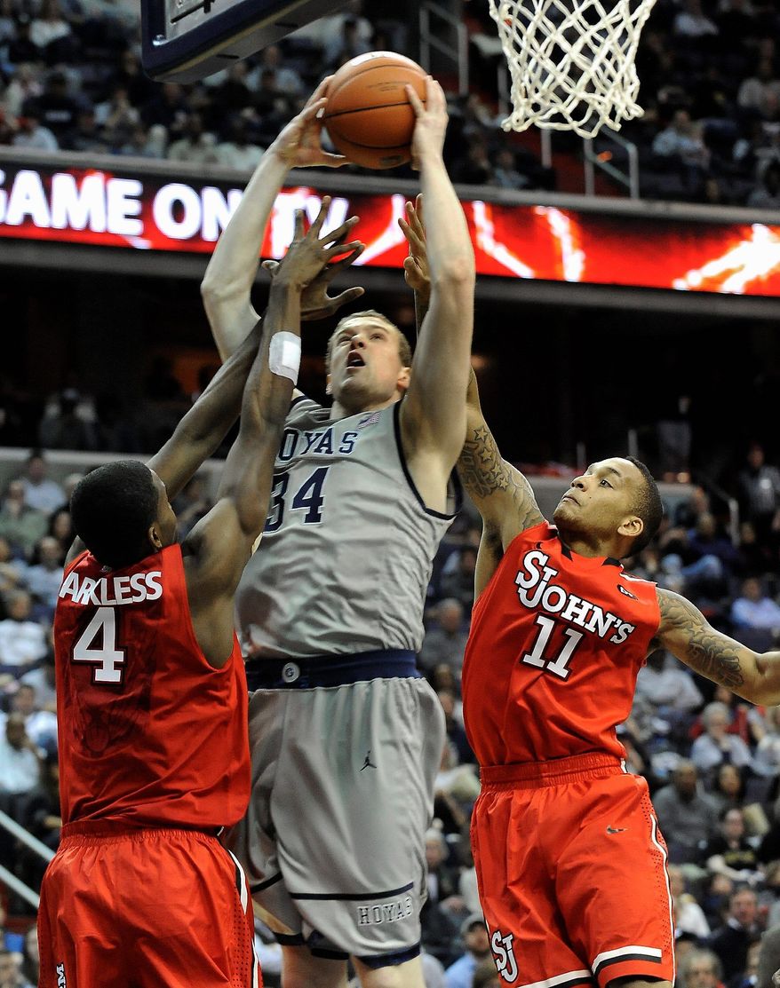 Georgetown's Nate Lubick (34) totaled seven points, eight rebounds, five assists and four blocks in a 71-61 Big East win over St. John's at Verizon Center. (Associated Press)