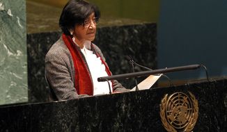 High Commissioner for Human Rights Navi Pillay speaks Feb. 13, 2012, during a meeting of the United Nations General Assembly at U.N. headquarters to discuss the human rights situation in Syria. (Associated Press)