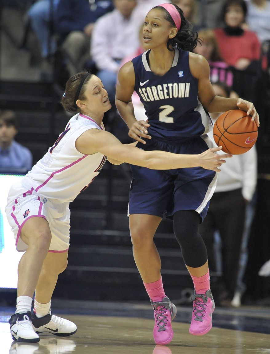 Tia Magee (shown in a game versus Connecticut) had a game-high 17 points in No. 15 Georgetown's 66-39 win over Providence on Saturday. (AP Photo/Jessica Hill)