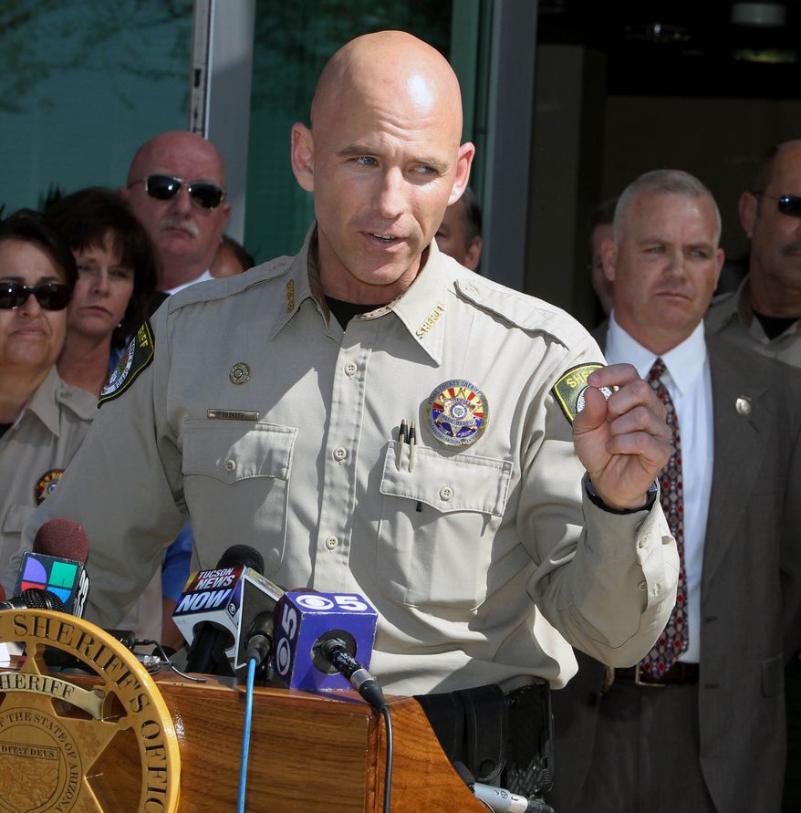 Pinal County Sheriff Paul Babeu speaks at a news conference on Saturday, Feb. 18, 2012, in Florence, Ariz. (AP Photo/The Arizona Republic, Deirdre Hamill)