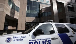 A Homeland Security police car is shown parked outside the Long Beach, Calif., Federal Courthouse.