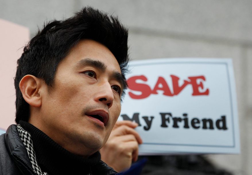 ASSOCIATED PRESS 
South Korean actor Cha In-pyo speaks at a rally Tuesday near the Chinese Embassy in Seoul protesting China&#39;s forced repatriation of North Korean refugees, who they fear will be executed upon their return.