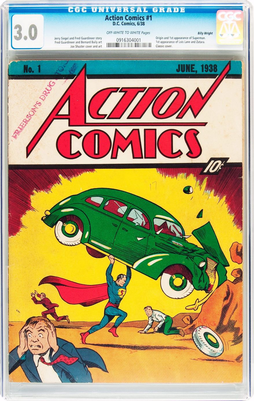 Superman makes his first appearance in Action Comics No. 1, and Batman swoops into the scene in Detective Comics No. 27. Both are part of a long-forgotten collection on the auction block Wednesday. (Heritage Auctions via Associated Press)