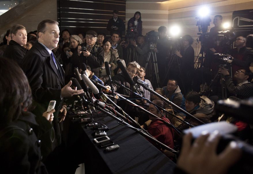 U.S. Special Representative for North Korea Affairs Glyn Davies speaks Feb. 22, 2012, to journalists upon arrival at a hotel in Beijing. (Associated Press)