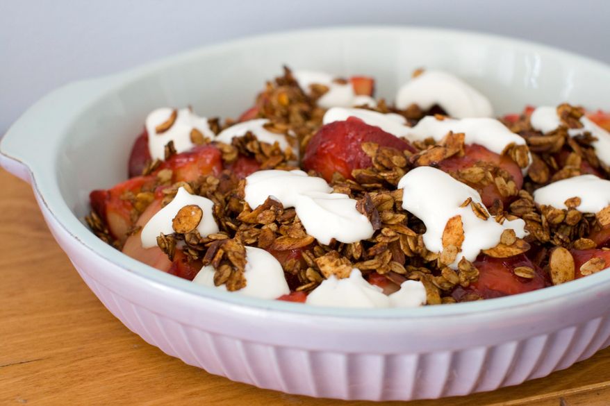 A spiced plum crisp dish is good place to start when looking for more healthy desserts. Fruit not only packs plenty of its own no-added-sugar sweetness, it also has fiber and nutrients. (Associated Press)