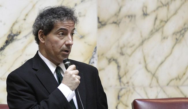 Sen. Jamie Raskin, Montgomery Democrat, speaks during a debate on possible amendments to a gay marriage bill in Annapolis, Md., Thursday, Feb. 23, 2012. Senate approved the bill Thursday. (AP Photo/Patrick Semansky)