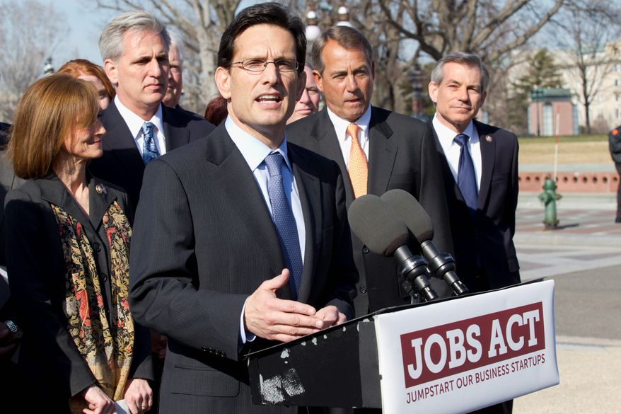 House Majority Leader Eric Cantor of Virginia (center) leads a news conference on Capitol Hill on Tuesday to announce the Jumpstart Our Business Startups Act, a legislative package aimed at helping small businesses, startups and entrepreneurs. From left, Rep. Nan A.S. Hayworth of New York, House Majority Whip Kevin McCarthy of California, Mr. Cantor, and House Speaker John A. Boehner of Ohio support the package. (Associated Press)