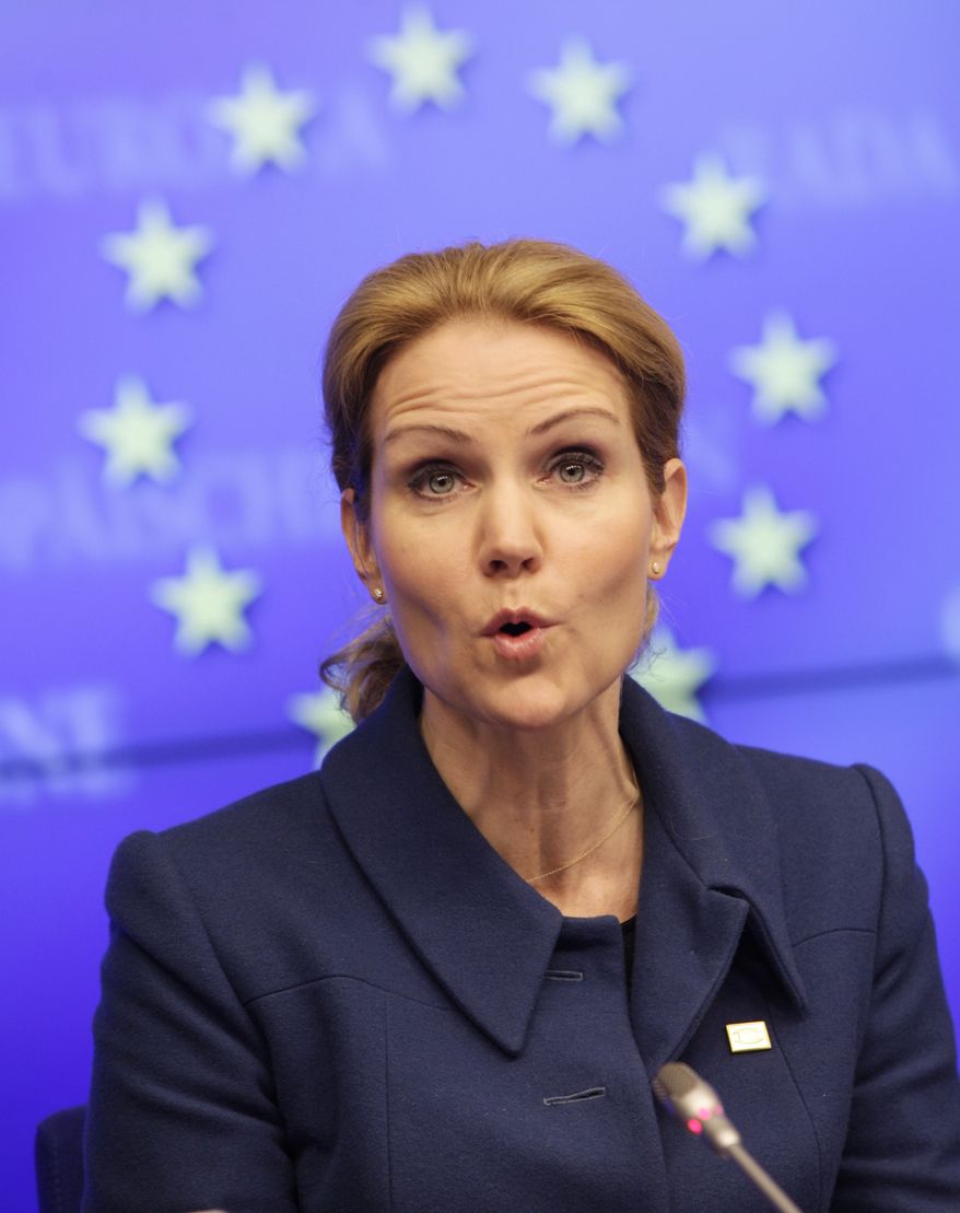 Denmark Prime Minister Helle Thorning-Schmidt speaks March 1, 2012, during a media conference at an EU summit in Brussels. European leaders meet for a two-day summit aimed at tackling unemployment and boosting economic growth in the region. (Associated Press)