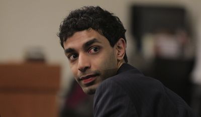 Dharun Ravi looks at spectators during his trial at the Middlesex County Courthouse in New Brunswick, N.J. on March 1, 2012. Ravi is accused of using a webcam to spy on his roommate, Tyler Clementi, intimate encounter with another man. Days later Clementi committed suicide. (Associated Press/The Star-Ledger)