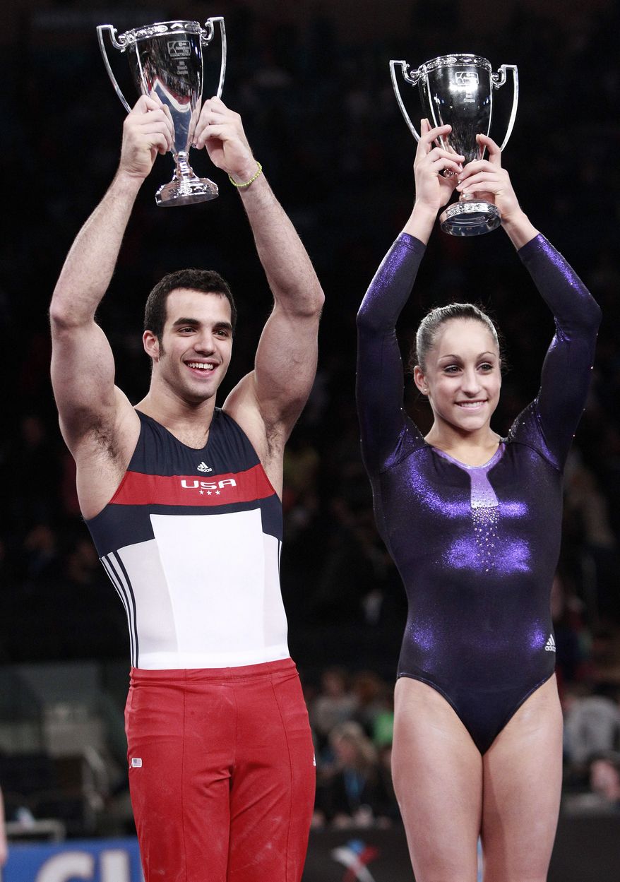 Danell Leyva, left, and Jordyn Wieber pose after winning the American Cup gymnastics competition at Madison Square Garden in New York on Saturday, March 3, 2012. (AP Photo/Frank Franklin II)