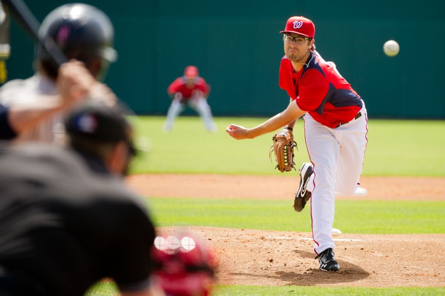 Washington Nationals starting pitcher Matt Purke (50) pitches against Georgetown Hoyas during spring training at Space Coast Stadium, Viera, Fla., Friday, March 2, 2012. (Andrew Harnik/The Washington Times)