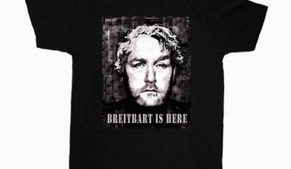 The designer of a new T-shirt memorializing Andrew Breitbart says all sales profits will go to Mr. Breitbart&#39;s kin. (Photo courtesy Anthem Studios)