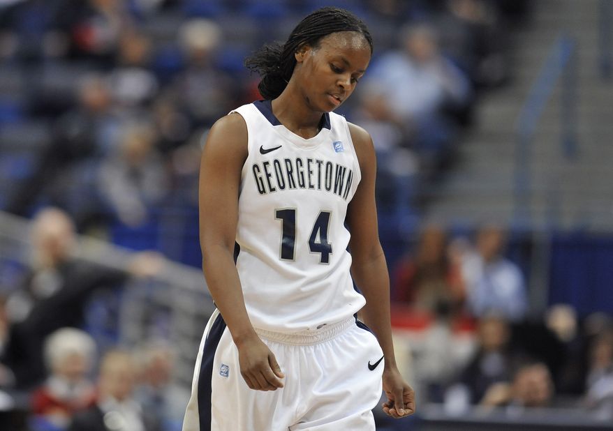 Georgetown's Sugar Rodgers reacts in the second half against West Virginia during the quarterfinals of the Big East women's tournament in Hartford, Conn., Sunday, March 4, 2012. West Virginia won 39-32. (AP Photo/Jessica Hill)
