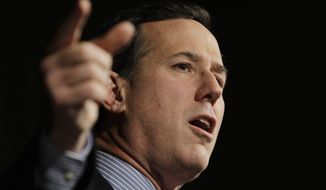 Republican presidential candidate, former Pennsylvania Sen. Rick Santorum speaks at the Lincoln-Reagan Day Dinner at Bowling Green State University, Saturday, March 3, 2012, in Bowling Green, Ohio. (AP Photo/Eric Gay)