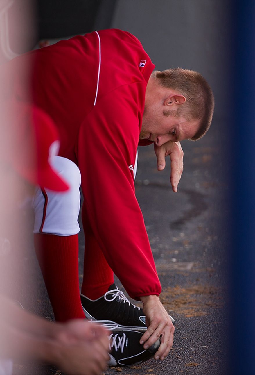 Washington Nationals starting pitcher Stephen Strasburg (37) sits on the bench after leaving the game at the top of the third inning during a spring training game against the Astros at Space Coast Stadium, Viera, Fla., Sunday, March 4, 2012. The Nationals lost to the Asros 10-2. (Andrew Harnik/The Washington Times)