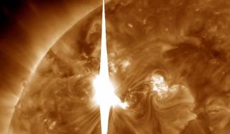 This handout image provided by NASA shows a solar flare heading toward Earth. (Associated Press/NASA)