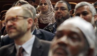 A large gathering sits March 8, 2012, at Saint Peter&#39;s College in Jersey City, N.J., during an interfaith news conference to address concerns about the spying conducted by the New York City Police Department on the Muslim community in New Jersey. (Associated Press)
