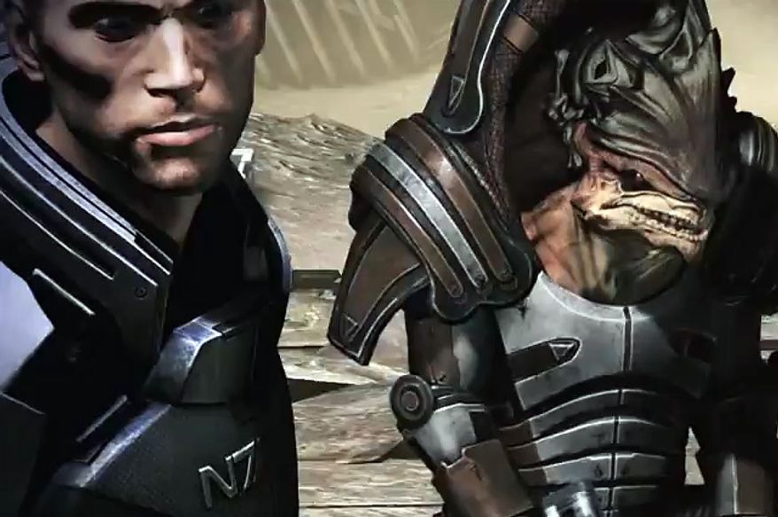 John Shepard teams up with a Krogan in the video game Mass Effect 3.