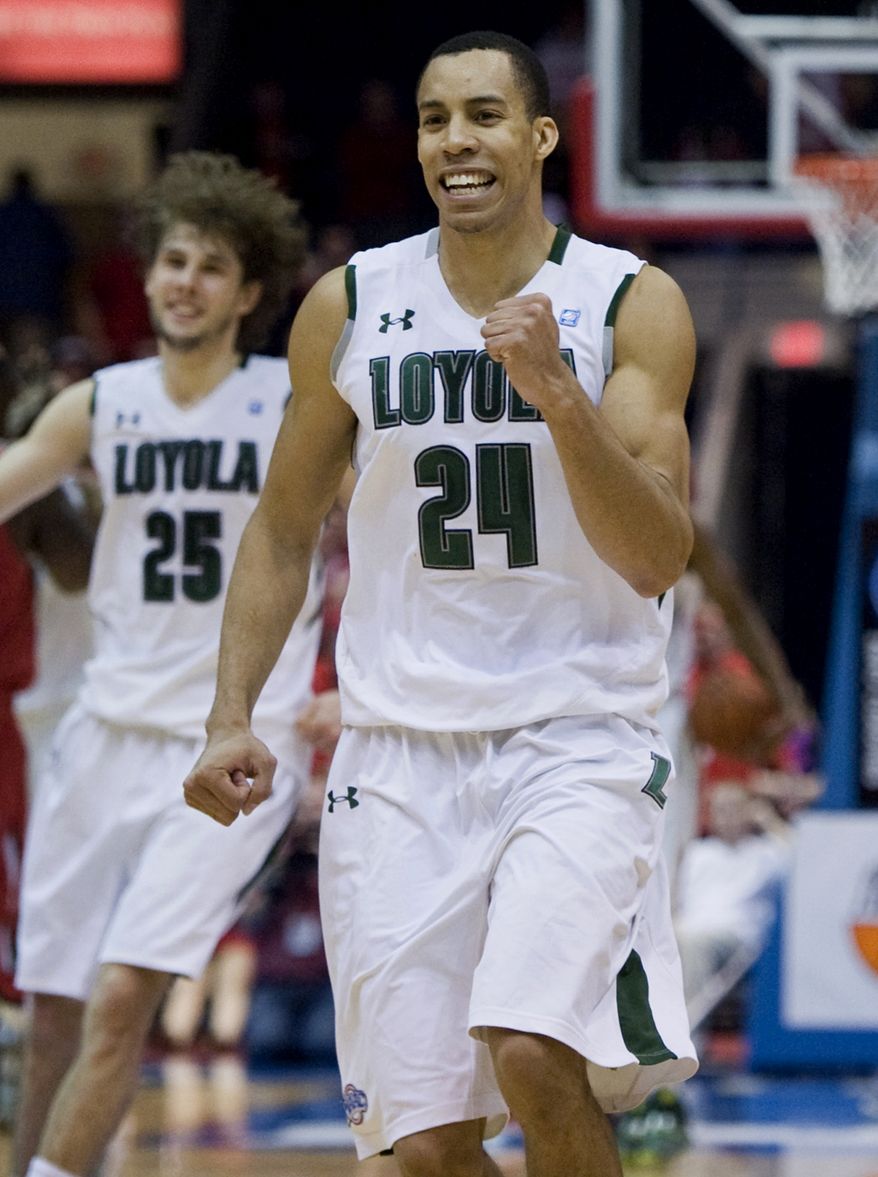 Loyola's Erik Etherly (24) reacts at the end of the Metro Atlantic Athletic Conference championship game in Springfield, Mass., Monday, March 5, 2012. Etherly was chosen as tournament MVP. (AP Photo/Jessica Hill)