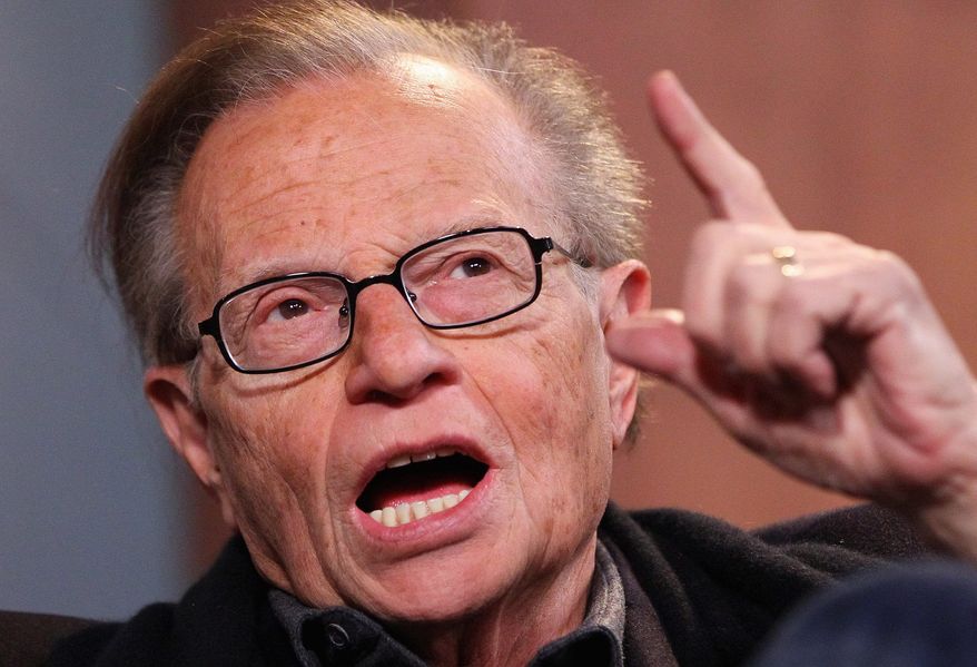 Larry King talks with host Jamie LaFiego while appearing as a guest on "Up Late" on Thursday, March 1, 2012, at Marshall University in Huntington, W.Va. (AP Photo/The Herald-Dispatch, Mark Webb)