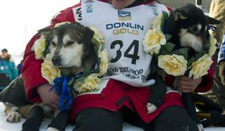 Dallas Seavey holds his lead dogs, Diesel (left) and Guinness, after claiming victory in the Iditarod Trail Sled Dog Race in Nome, Alaska, on Tuesday, March 13, 2012. Seavey is the youngest musher to win the nearly 1,000-mile race across Alaska. (AP Photo/Marc Lester, Anchorage Daily News)

