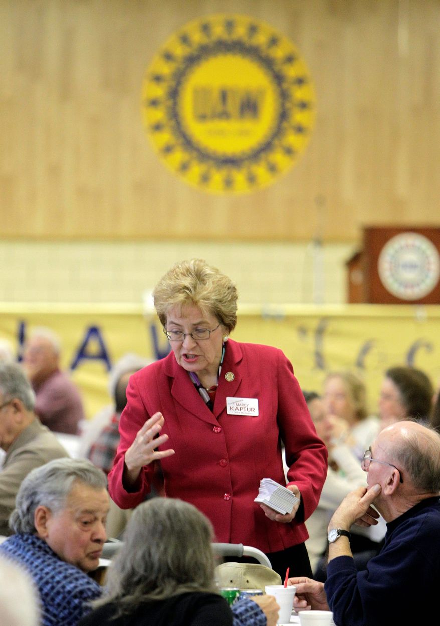 GOP House hopeful Samuel Joseph Wurzelbacher, aka &quot;Joe the Plumber,&quot; faces long odds in his race against 15-term Democratic Rep. Marcy Kaptur, seen here campaigning at a luncheon for retired autoworkers in Parma, Ohio, in January. (Associated Press)