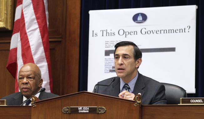 ** FILE ** In this March 31, 2011, file photo House Oversight and Government Reform Committee Chairman Rep. Darrell Issa, Caliornia Republican, right, accompanied by the committee&#x27;s ranking Democrat Rep. Elijah Cummings, Maryland Democrat, presides over the committee&#x27;s hearing on the Freedom of Information Act on Capitol Hill. (AP Photo/Carolyn Kaster, File)