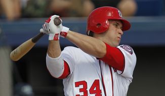 Washington Nationals&#x27; Bryce Harper bats against the New York Yankees during a spring training game in Viera, Fla., Thursday, March 15, 2012. (AP Photo/Paul Sancya)