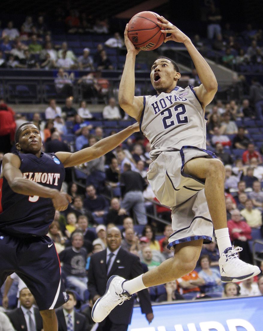 Georgetown's Otto Porter (22) shoots over Belmont's Kerron Johnson during the second half of an NCAA tournament second-round game, Friday, March 16, 2012, in Columbus, Ohio. Georgetown won 74-59. (AP Photo/Jay LaPrete)