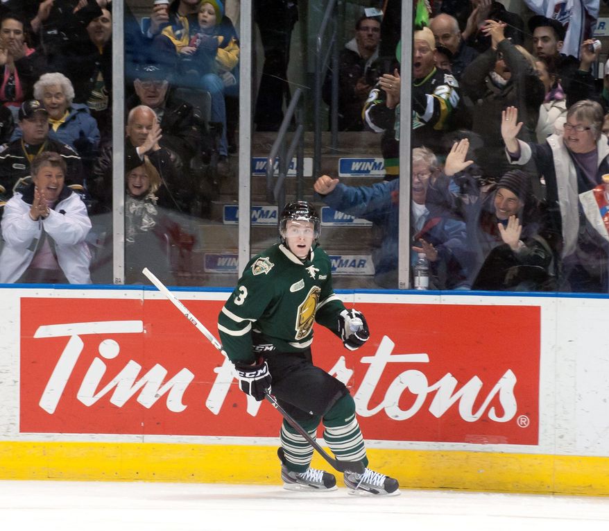 Fans of the London Knights are known for treating the players like family. Here, they erupt with glee after a goal by defenseman Brett Cook during a March 3 game against the Ottawa 67's at John Labatt Centre. (Craig Glover/Special to The Washington Times)
