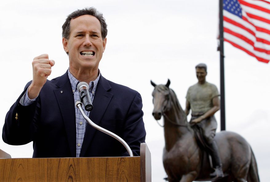 Standing in front of a statue of Ronald Reagan on horseback, Rick Santorum campaigns for the Republican presidential nomination Monday in Dixon, Ill. Dixon was the boyhood home of the former president, whom Mr. Santorum cited in his remarks. (Associated Press)
