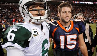 Quarterback Tim Tebow (right) will join fellow QB Mark Sanchez in New York after the Denver Broncos and Jets completed a trade Wednesday night. (Associated Press)