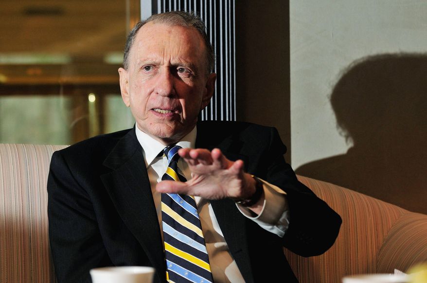 Arlen Specter, former senator from Pennsylvania, said he thinks Newt Gingrich "might make a pretty good president" but that his "baggage" will likely cost him the nomination. (J.M. Eddins Jr./The Washington Times)