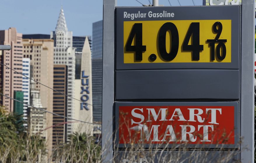 Gasoline prices of more than $4 are seen at a gas station on the south end of The Strip, Tuesday, March 20, 2012, in Las Vegas. From all corners of the country, Americans are irritated these days by record-high fuel prices that have soared above $4 a gallon in some states and could top $5 by summer. (AP Photo/Julie Jacobson)