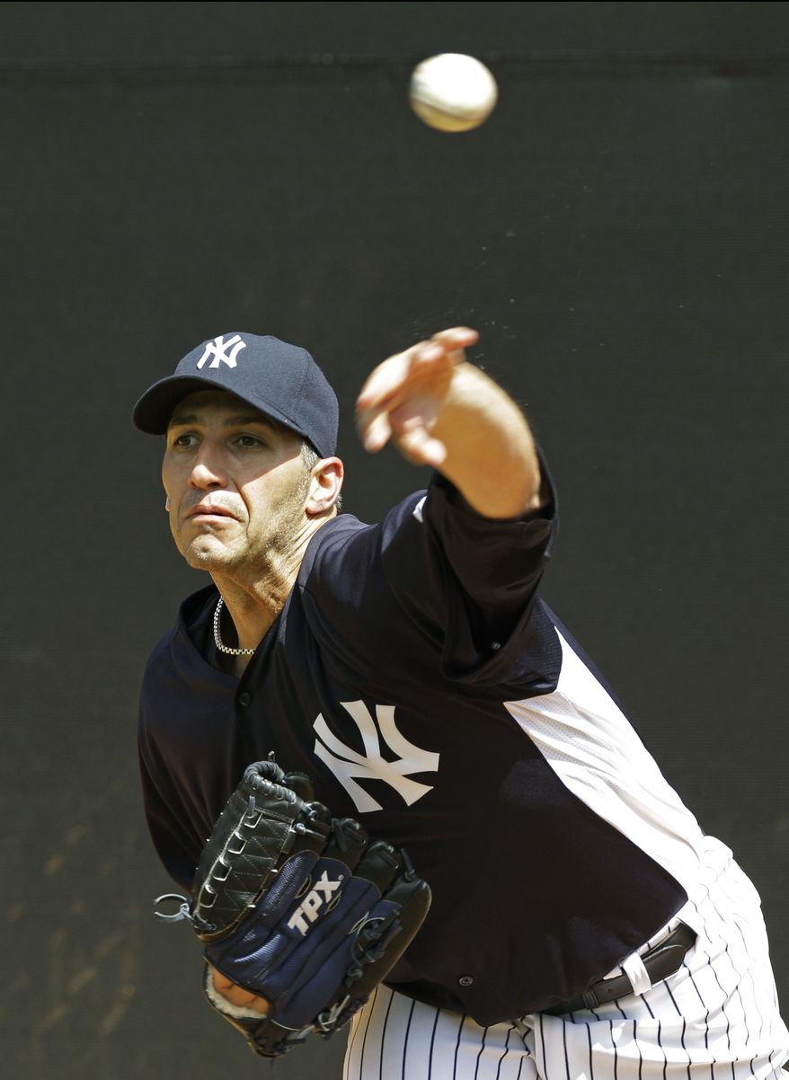 Andy Pettitte, who came out of retirement on a minor league contract to pitch for his former team, throws in the bullpen after arriving at the Yankees spring training facility at Steinbrenner Field in Tampa, Fla., Tuesday, March 20, 2012. Pettitte, who was in retirement for a year and a half, last pitched for the Yankees in 2010, and helped the team win the 2009 World Series. (AP Photo/Kathy Willens)