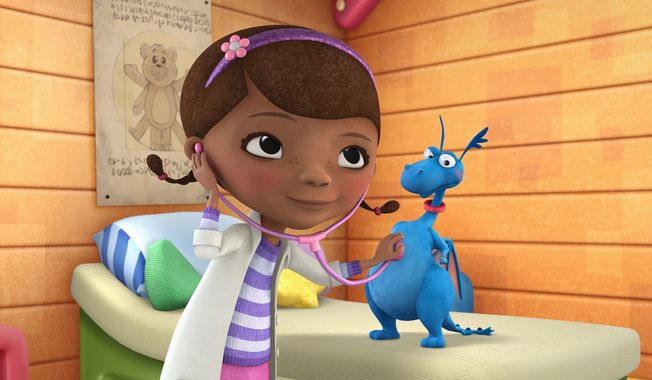 **FILE** In this image released by Disney Junior, the character Doc McStuffins is shown with Stuff in a scene from Disney Junior&#x27;s animated series &quot;Doc McStuffins.&quot; The show, about a six-year-old girl who runs and operates a clinic for broken toys and worn out stuffed animals out of the playhouse in her backyard, debuted March 23 on the new 24-hour Disney Junior channel. (Associated Press/Disney Junior)
