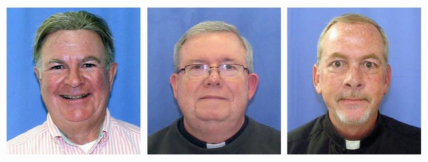 Monsignor William Lynn of Philadelphia (center) goes on trial Monday charged with endangering children by failing to remove accused predators from ministry. The Rev. James J. Brennan (right) also goes on trial while former priest Edward V. Avery (left) pleaded guilty last week to sex-abuse charges. (Associated Press)