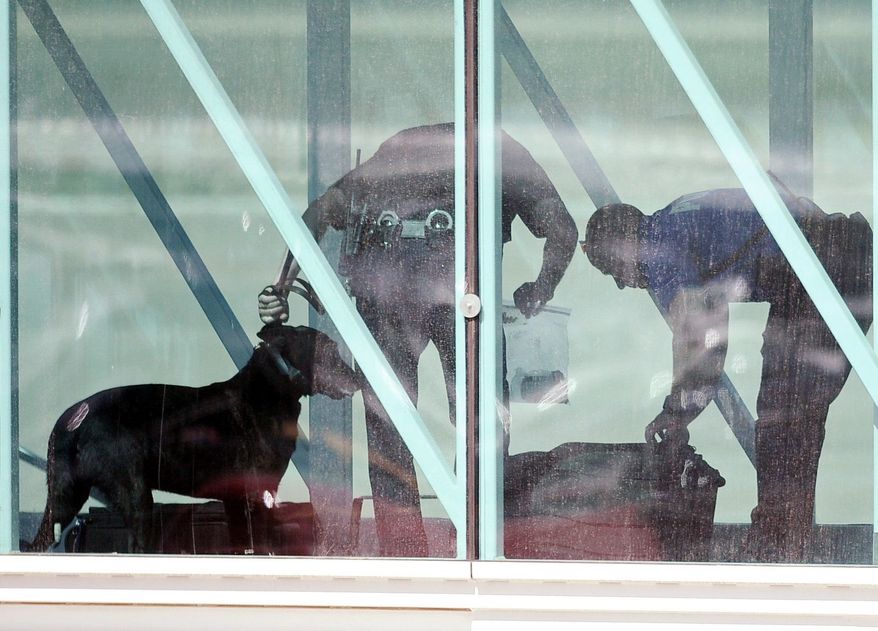 Authorities use explosive sniffing dogs dogs to search luggage after an emergency landing at Rick Husband Amarillo International Airport in Amarillo, Texas, after a "medical situation" involving the pilot.