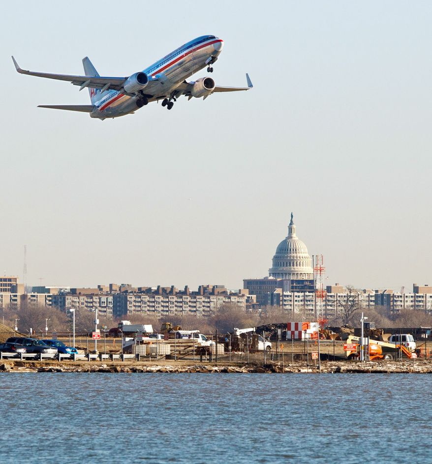 As planes take off from Ronald Reagan Washington National Airport, lawmakers on nearby Capitol Hill are arguing for an Article 84 court challenge against EU fees for carbon emissions. (Associated Press)
