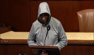 This handout frame grab from video, provided by House Television, shows Rep. Bobby Rush, an Illinois Democrat, wearing a hoodie on the floor of the House on Capitol Hill in Washington, Wednesday, March 28, 2012. (AP Photo/House Television)